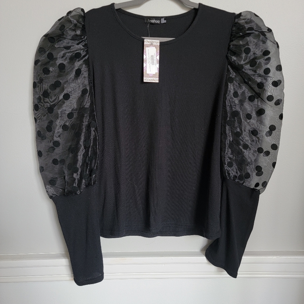 Boohoo black puff sleeve polka-dot print knit top